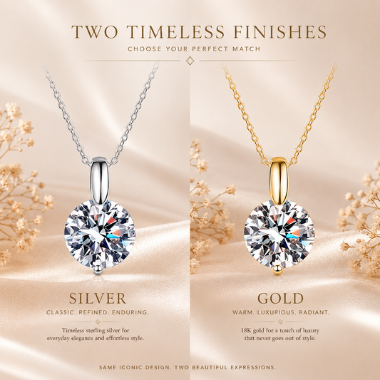 Round brilliant moissanite solitaire necklace comparison showing silver and yellow gold finishes.