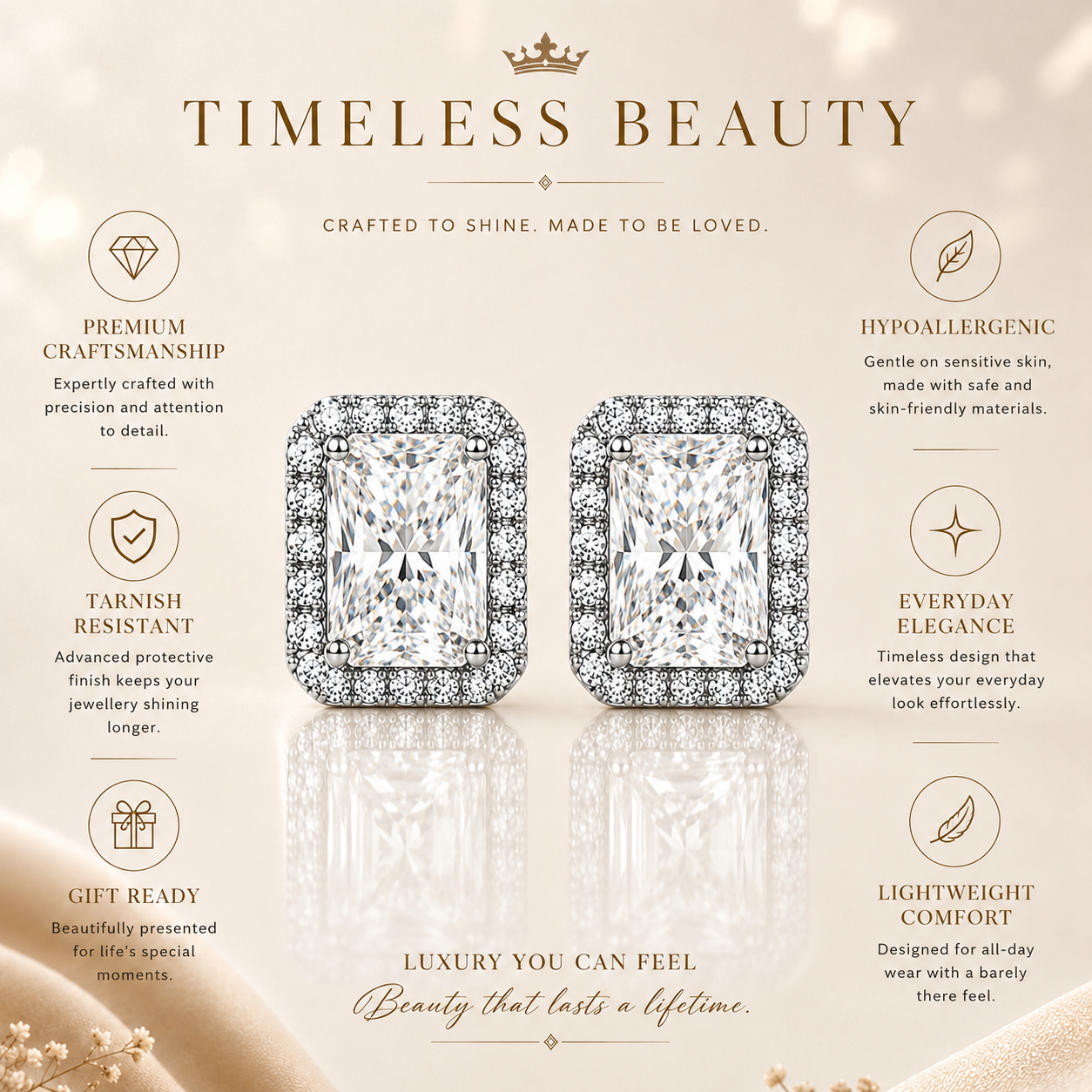 Radiant Cut Halo Moissanite Stud Earrings