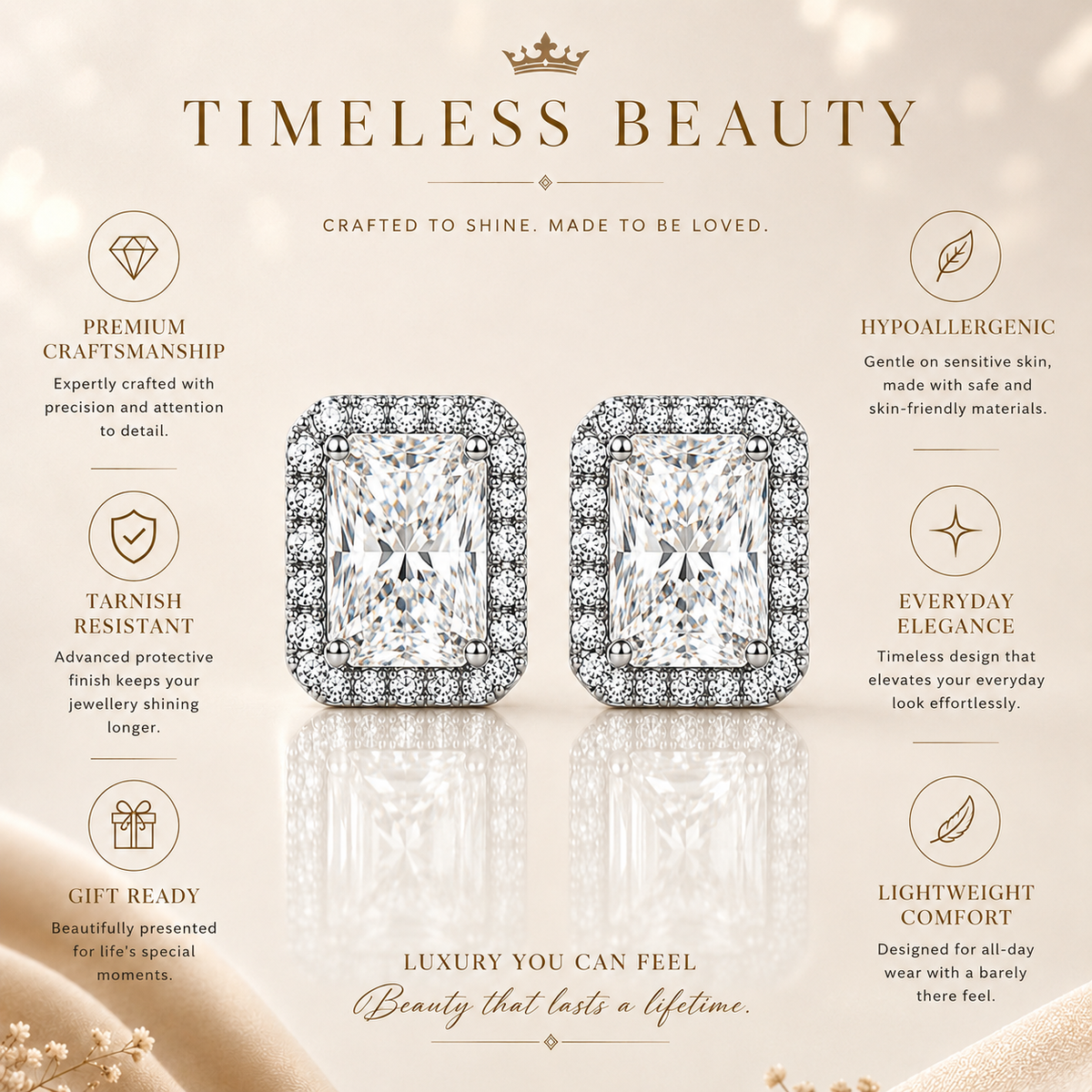 Silver radiant cut halo moissanite stud earrings shown in a craftsmanship and comfort features graphic