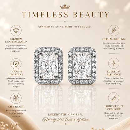 Radiant Cut Halo Moissanite Stud Earrings