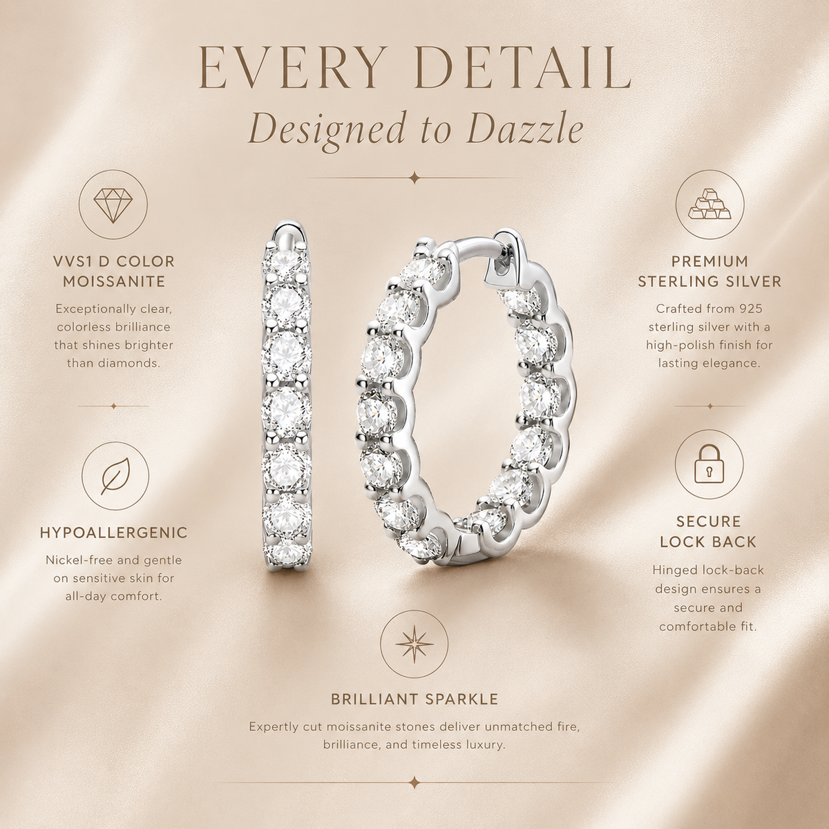 Silver inside-out moissanite hoop earrings with a product features infographic