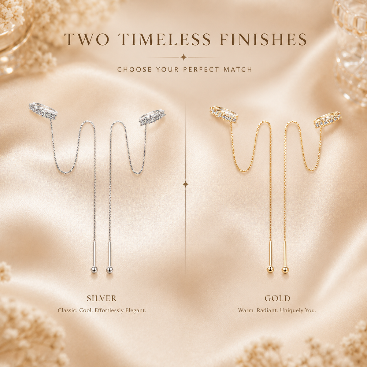 Silver and gold moissanite threader chain earrings shown in a finish comparison graphic