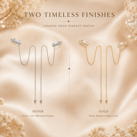 Silver and gold moissanite threader chain earrings shown in a finish comparison graphic
