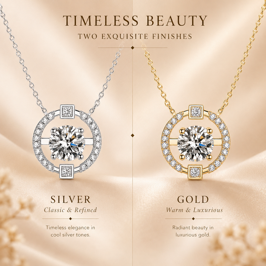 Floating circle moissanite pendant comparison showing silver and yellow gold finishes side by side.