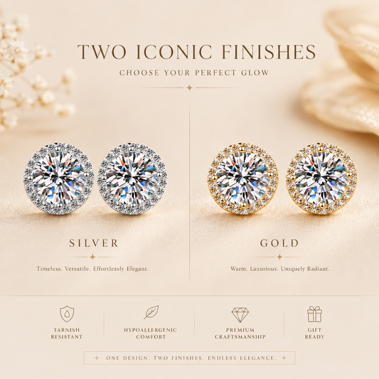 Silver and gold round halo moissanite stud earrings shown in a two-finish comparison graphic