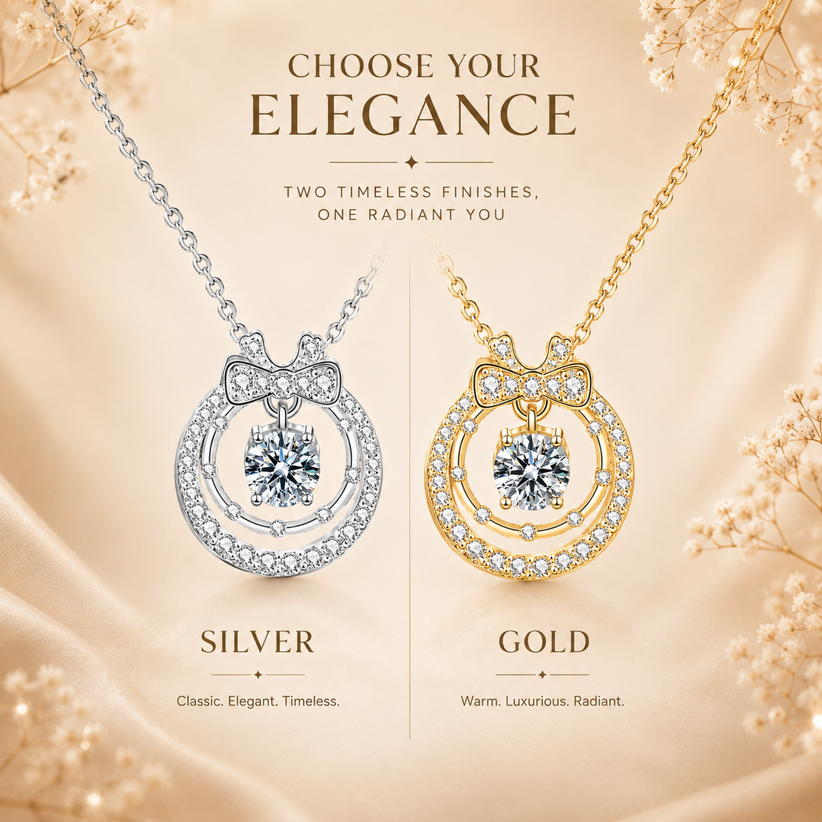 Floating halo moissanite pendant comparison showing silver and yellow gold finishes.