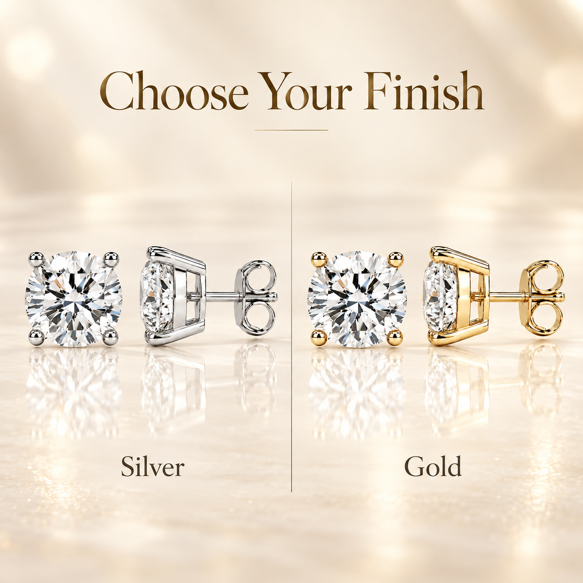 Silver and gold four-prong colourless moissanite stud earrings shown in a finish comparison graphic