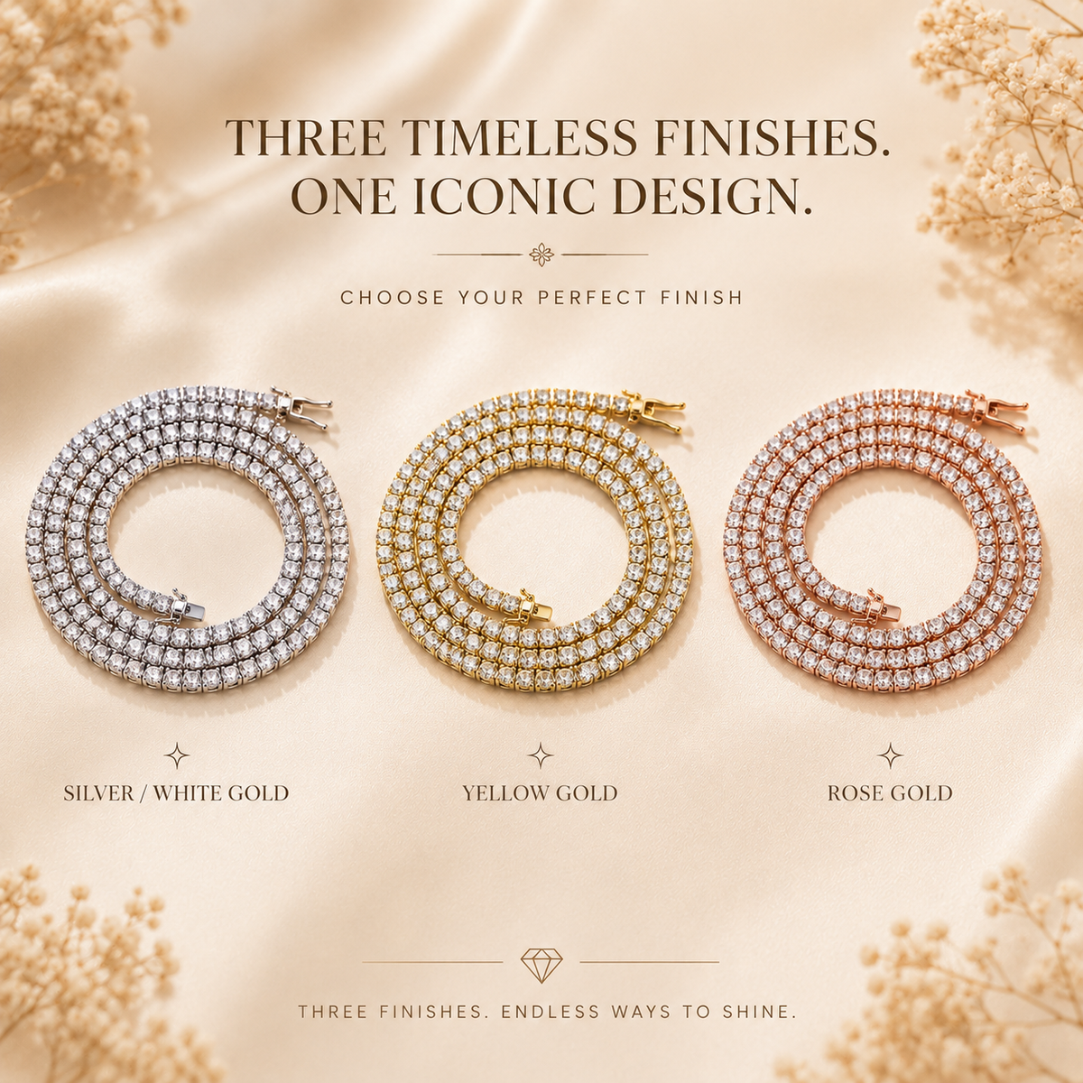 Moissanite tennis chain necklace finish guide showing silver, yellow gold and rose gold versions.