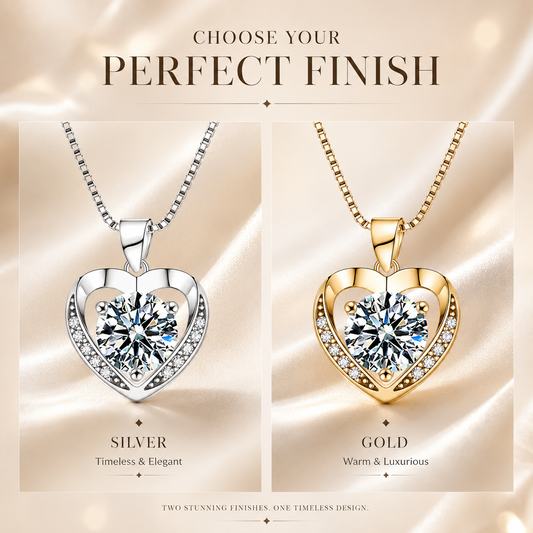 Shimmering heart moissanite pendant comparison showing silver and yellow gold finishes.