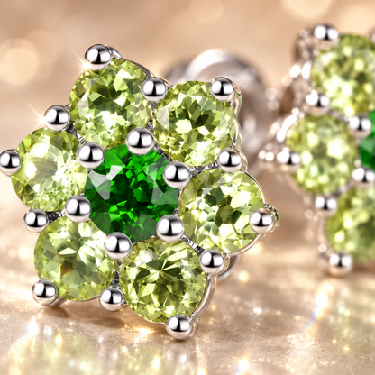 Natural Peridot & Chrome Diopside Floral Cluster Stud Earrings
