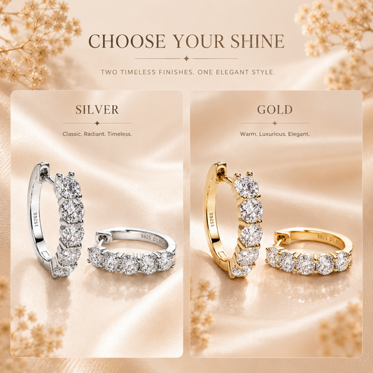 Silver and gold graduated moissanite hoop earrings shown in a finish comparison graphic