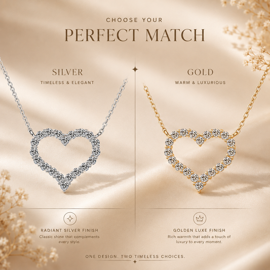 Open heart moissanite necklace finish comparison showing silver and yellow gold versions side by side.