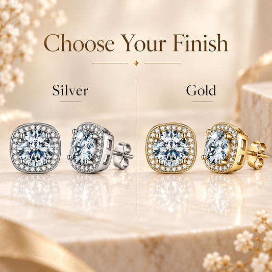 Silver and gold cushion halo colourless moissanite stud earrings shown in a finish comparison graphic