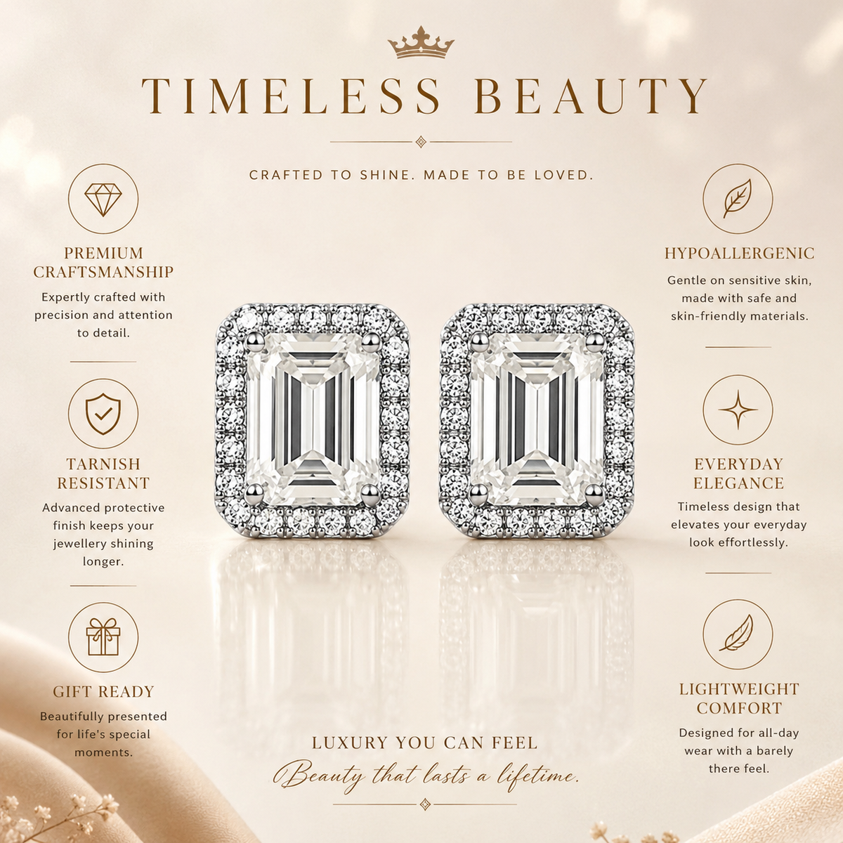 Gold emerald cut halo moissanite stud earrings displayed on champagne satin with floral accents
