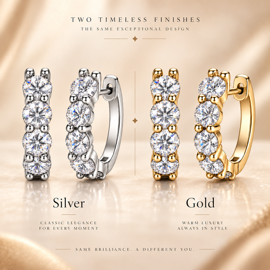 Silver and gold five-stone moissanite hoop earrings shown side by side in a finish comparison graphic