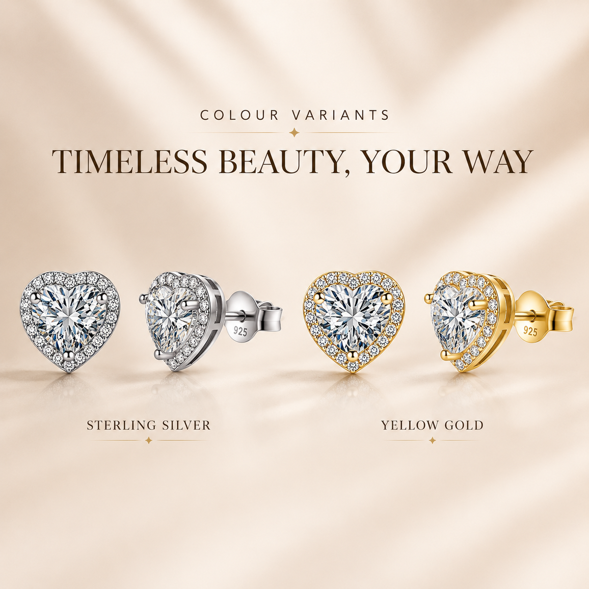 Silver and gold heart-cut colourless moissanite halo stud earrings shown in a finish comparison graphic