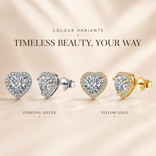 Silver and gold heart-cut colourless moissanite halo stud earrings shown in a finish comparison graphic