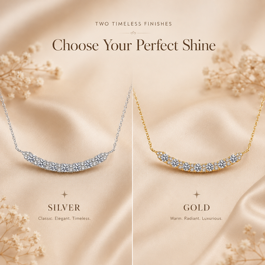 Curved moissanite bar necklace comparison showing silver and yellow gold finishes.