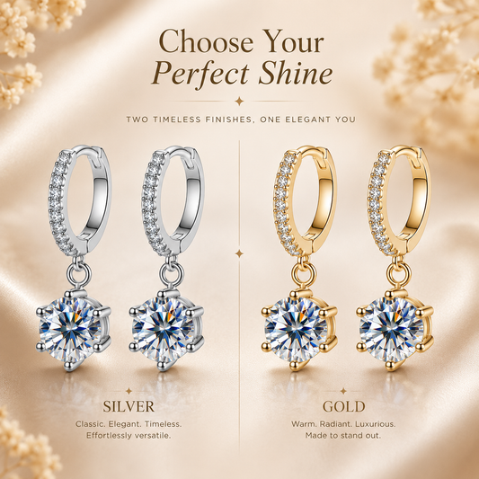 Silver and gold round moissanite hoop drop earrings shown side by side in a finish comparison graphic