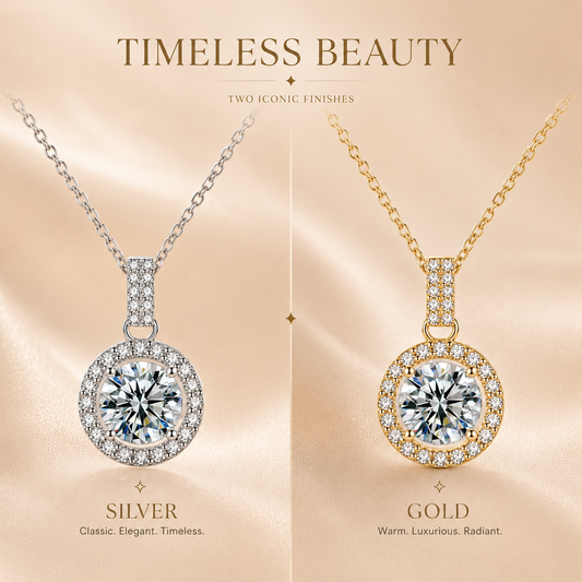 Round halo moissanite pendant comparison showing silver and yellow gold finishes side by side.