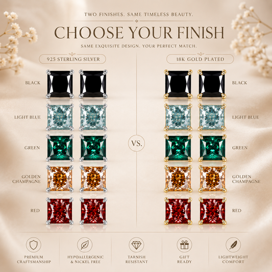 Princess-cut coloured moissanite stud earrings in silver and gold finishes with five stone colours comparison graphic