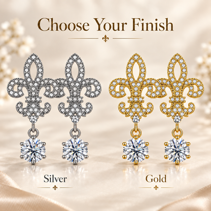Silver and gold fleur de lis colourless moissanite drop earrings shown in a finish comparison graphic