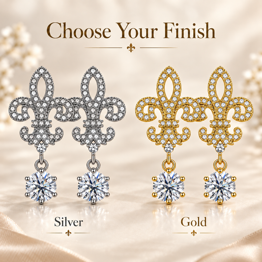 Silver and gold fleur de lis colourless moissanite drop earrings shown in a finish comparison graphic