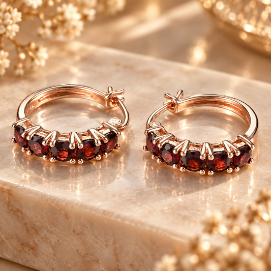 5ct Natural Garnet 5-Stone Hoop Earrings in Rose Gold