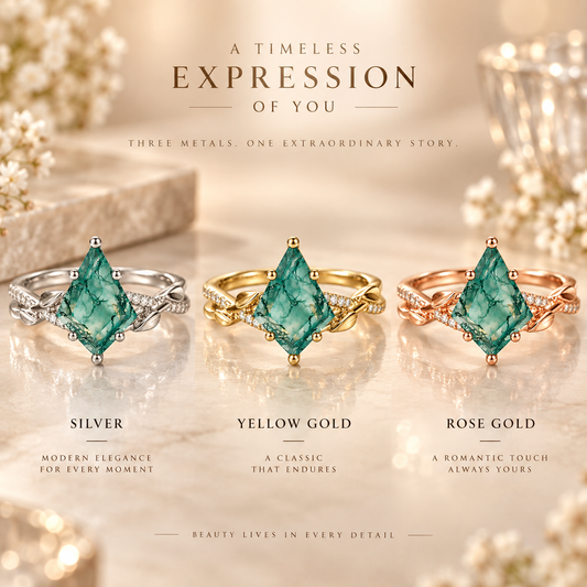 Natural Moss Agate Ring – Kite Cut Nature Inspired Boho Engagement Ring