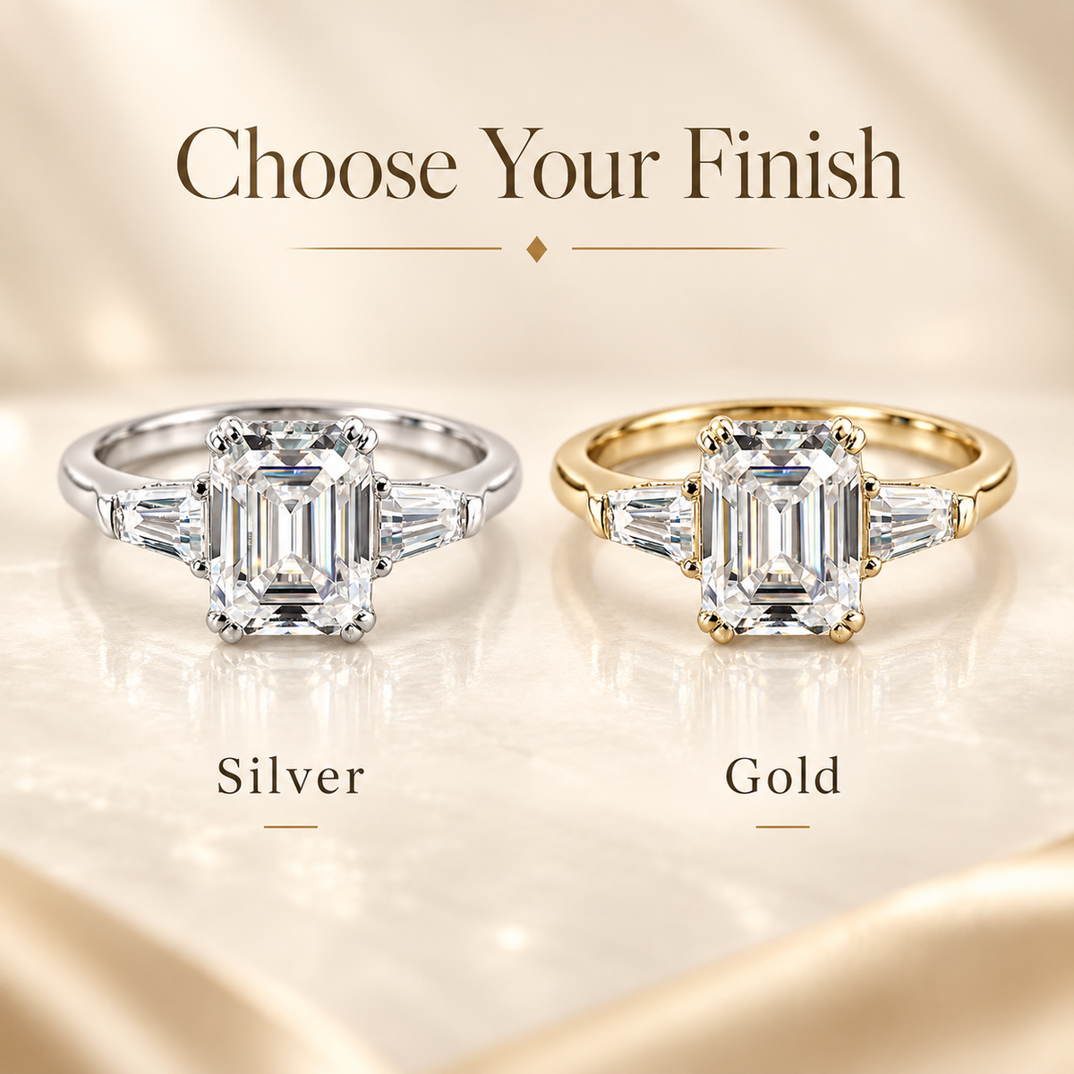 Emerald Cut & Tapered Baguette Moissanite Trilogy Engagement Ring