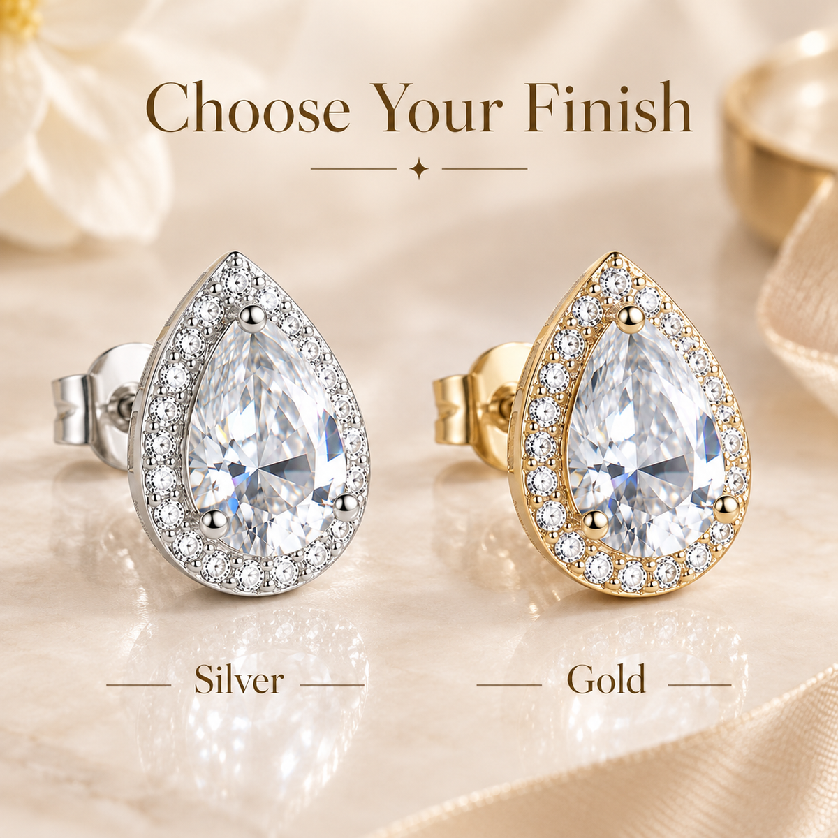 Silver and gold pear-cut halo moissanite stud earrings shown side by side in a finish comparison graphic