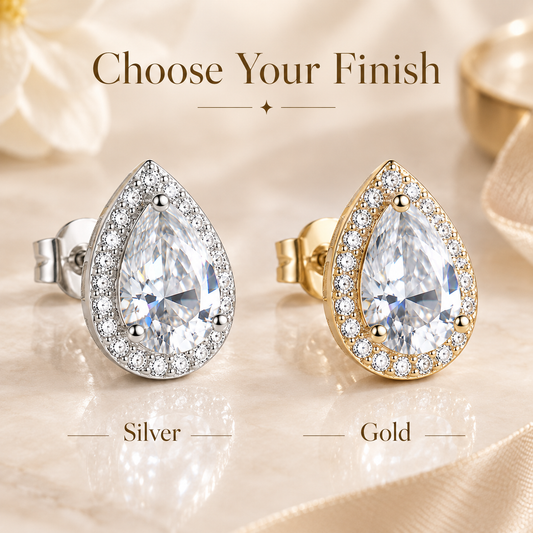 Silver and gold pear-cut halo moissanite stud earrings shown side by side in a finish comparison graphic