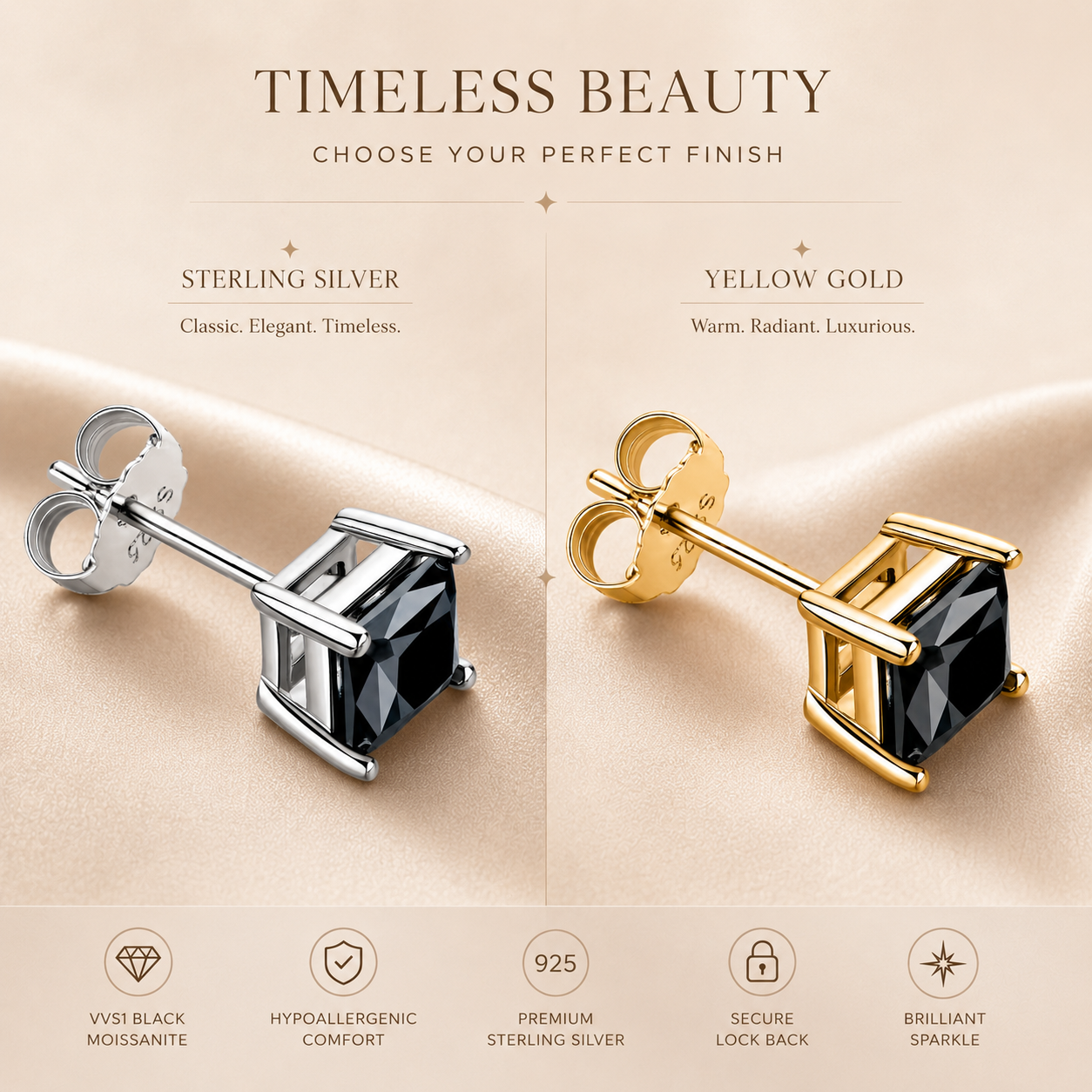 Princess Cut Black Moissanite Stud Earrings