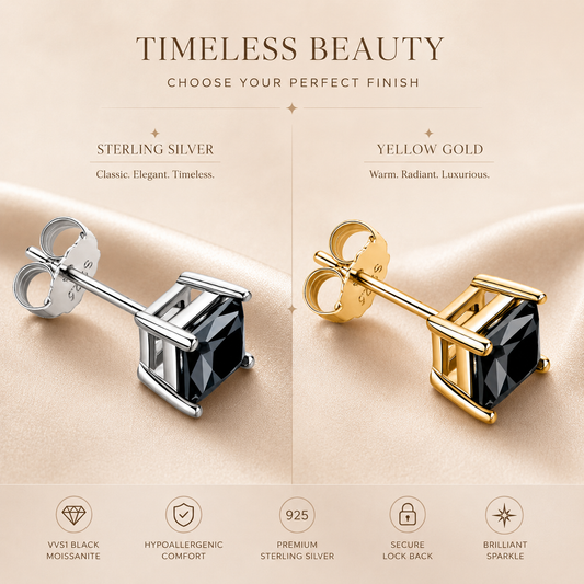 Silver and gold princess cut black moissanite stud earrings shown in a finish comparison graphic