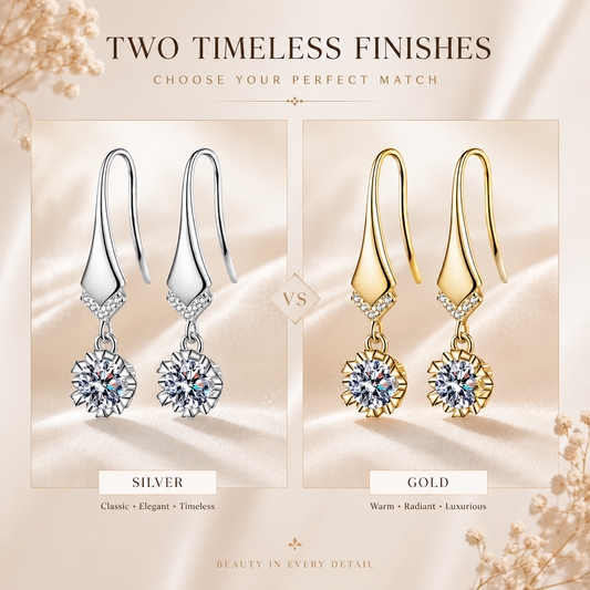 Silver and gold round moissanite drop earrings shown side by side in a finish comparison graphic