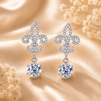 Fleur de Lis Moissanite Drop Earrings – 2.0ct Round Brilliant Dangle Earrings
