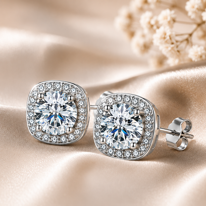 Halo Moissanite Stud Earrings – 925 Sterling Silver & Gold