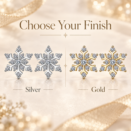 Silver and gold snowflake moissanite stud earrings shown side by side in a finish comparison graphic