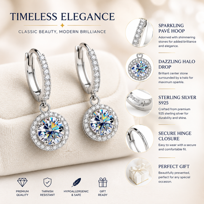 Halo Moissanite Hoop Drop Earrings – 1.0ct Round Brilliant Earrings