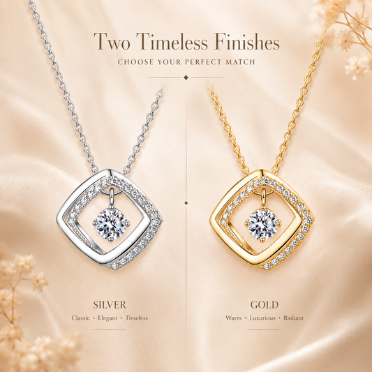 Floating diamond-shape moissanite pendant comparison showing silver and yellow gold finishes.