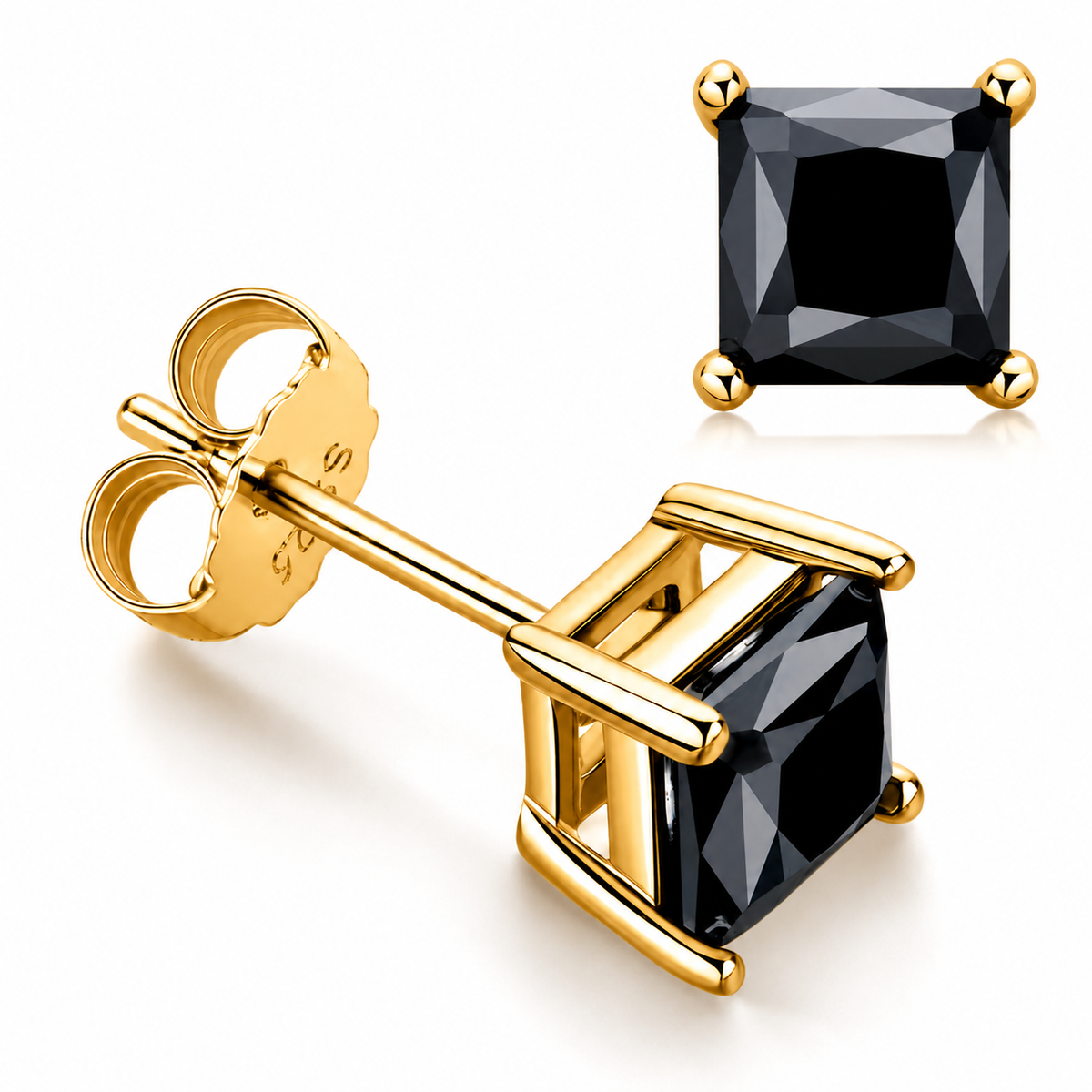 Gold princess cut black moissanite stud earrings shown front and side on a white background