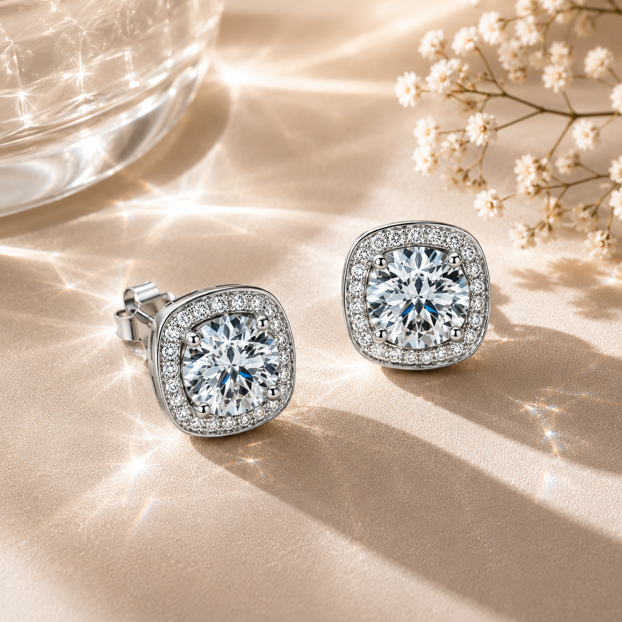 Halo Moissanite Stud Earrings – 925 Sterling Silver & Gold