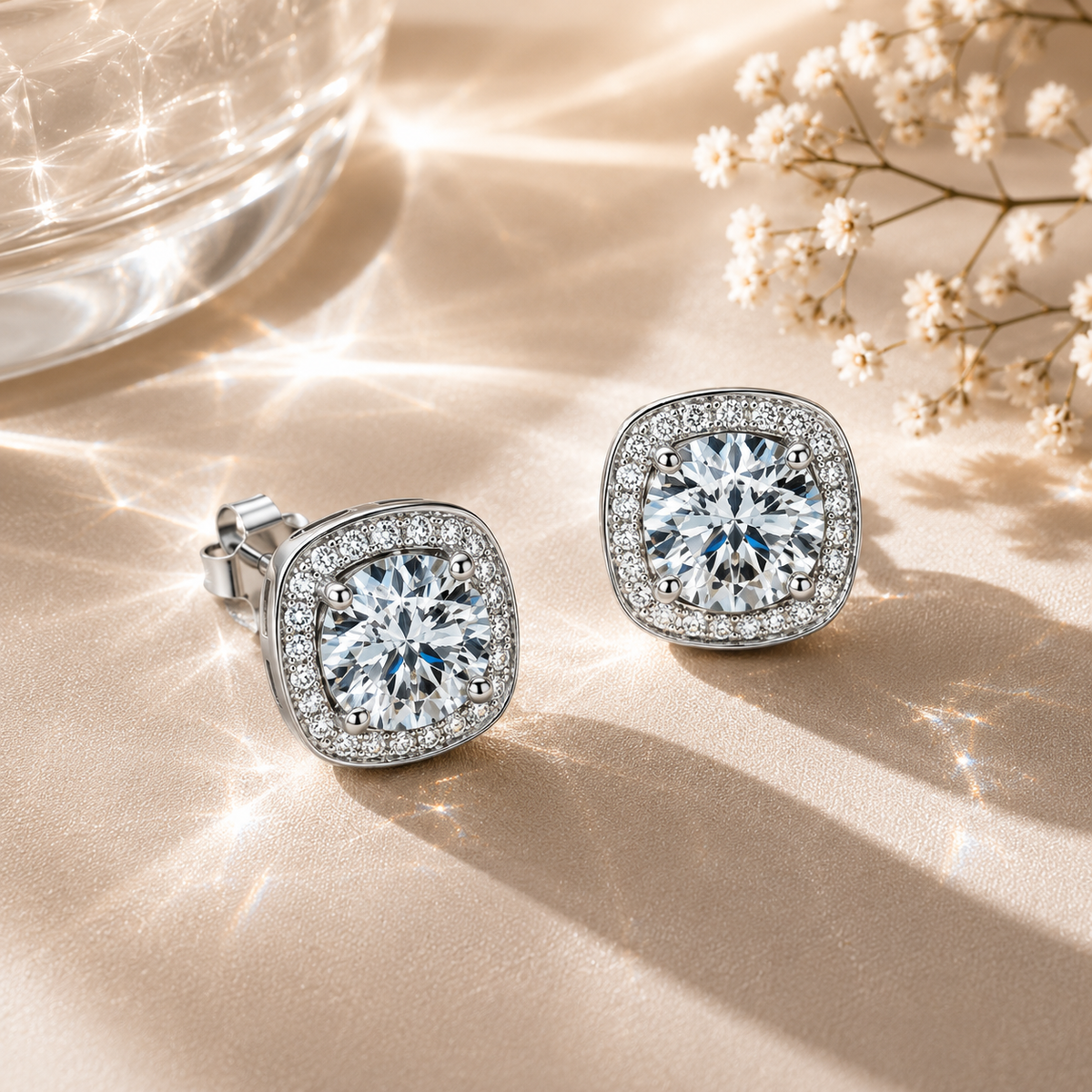 Silver cushion halo colourless moissanite stud earrings displayed on reflective champagne satin