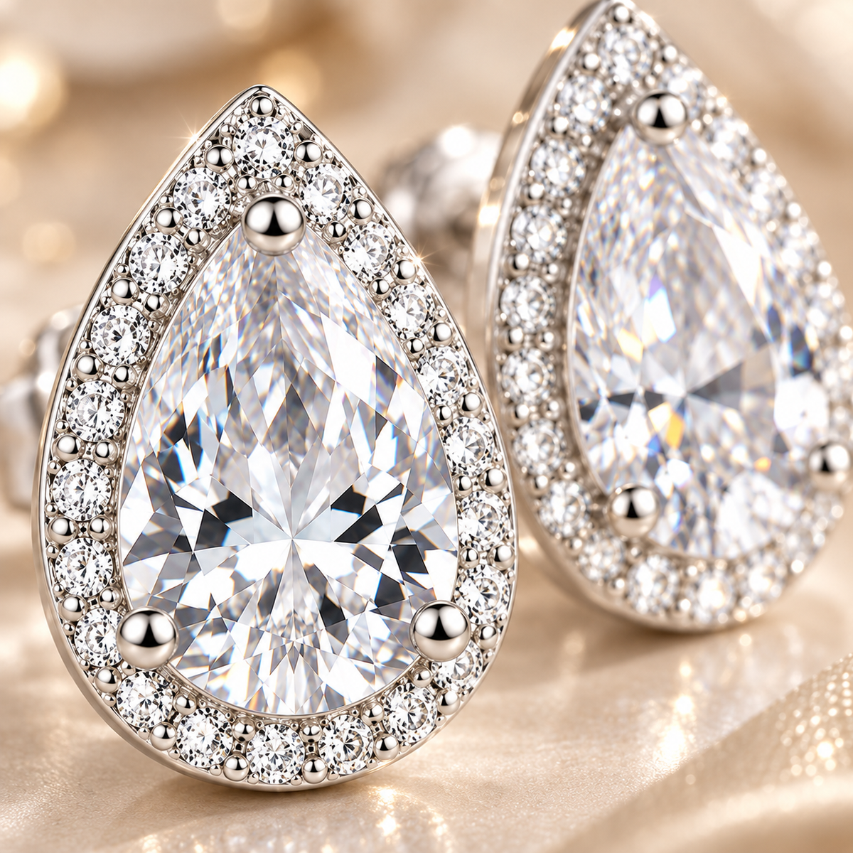 Close-up of silver pear-cut halo moissanite stud earrings on a soft neutral background
