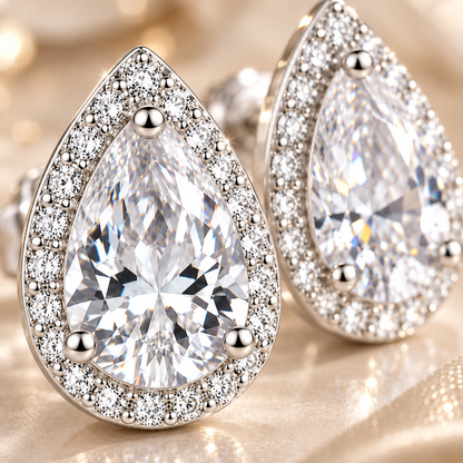 Close-up of silver pear-cut halo moissanite stud earrings on a soft neutral background