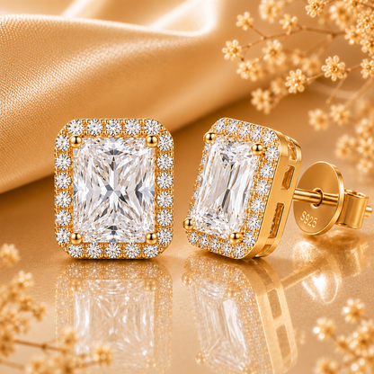 Radiant Cut Halo Moissanite Stud Earrings
