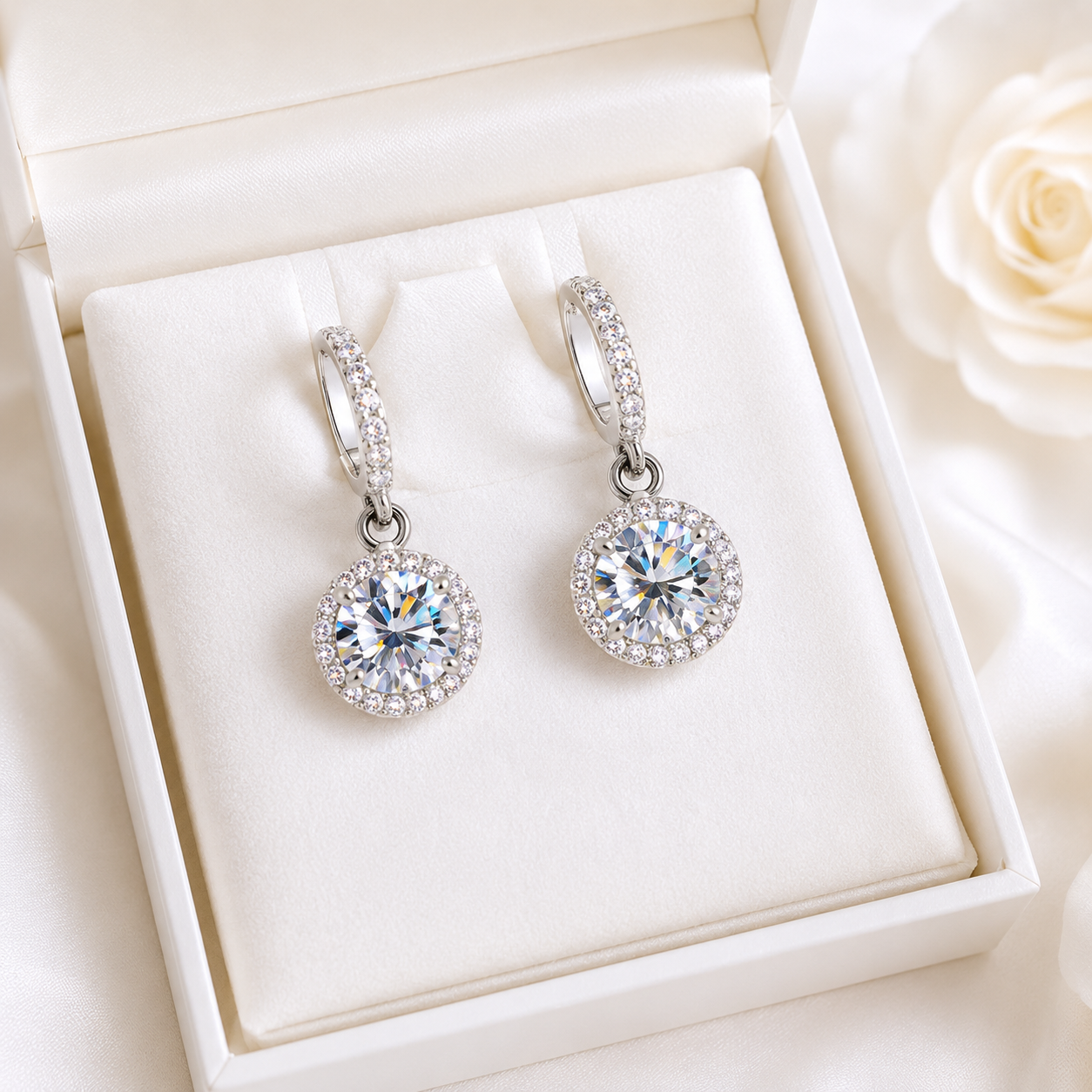 Halo Moissanite Hoop Drop Earrings – 1.0ct Round Brilliant Earrings