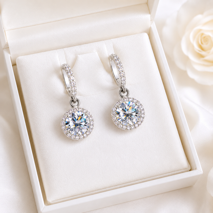 Halo Moissanite Hoop Drop Earrings – 1.0ct Round Brilliant Earrings