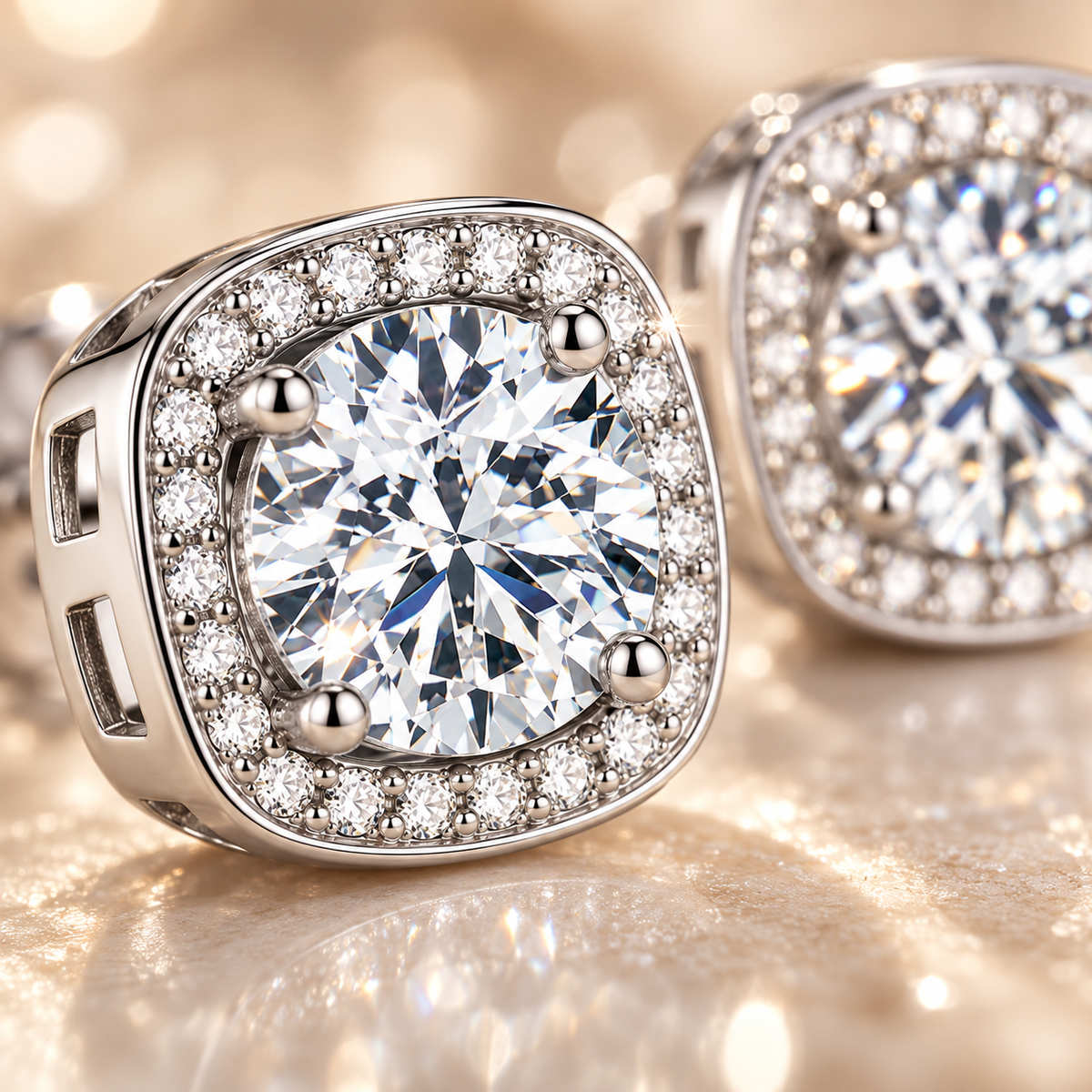 Macro close-up of a silver cushion halo colourless moissanite stud earring showing the centre stone and pavé border