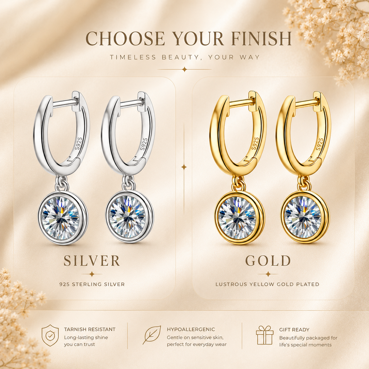 Silver and gold bezel drop moissanite hoop earrings shown in a finish comparison graphic